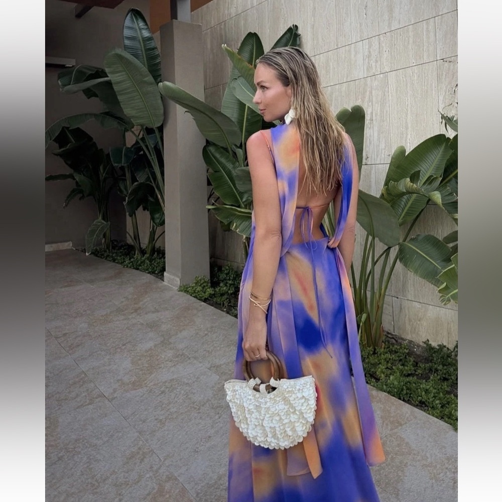 ZARA FOULARD PRINT TULLE LONG HALTER DRESS - Picture 6 of 10